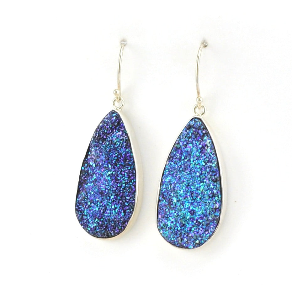 Side View Sterling Silver Blue Druzy Agate Large Tear Dangle Earrings