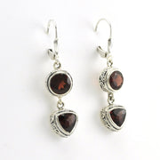 Side View Sterling Silver Garnet Round Trillion Bali Dangle Earrings