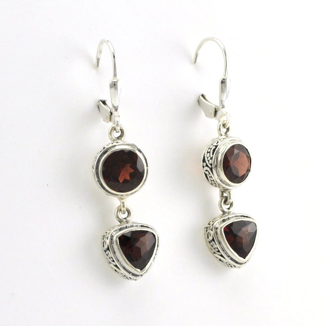 Side View Sterling Silver Garnet Round Trillion Bali Dangle Earrings