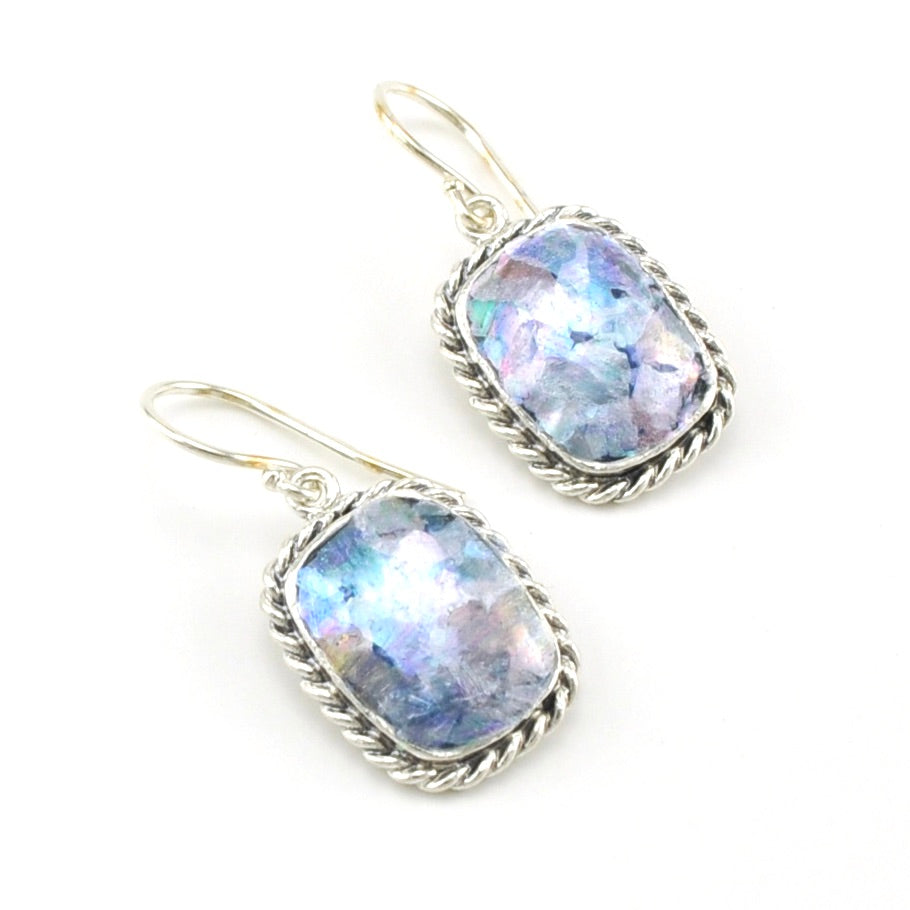 Sterling Silver Roman Glass Rectangle Dangle Earrings
