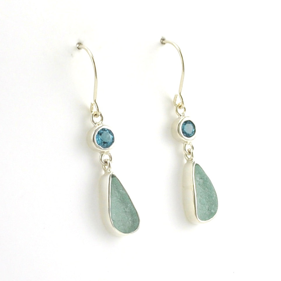 Side View Sterling Silver Blue Topaz Aqua Sea Glass Earrings