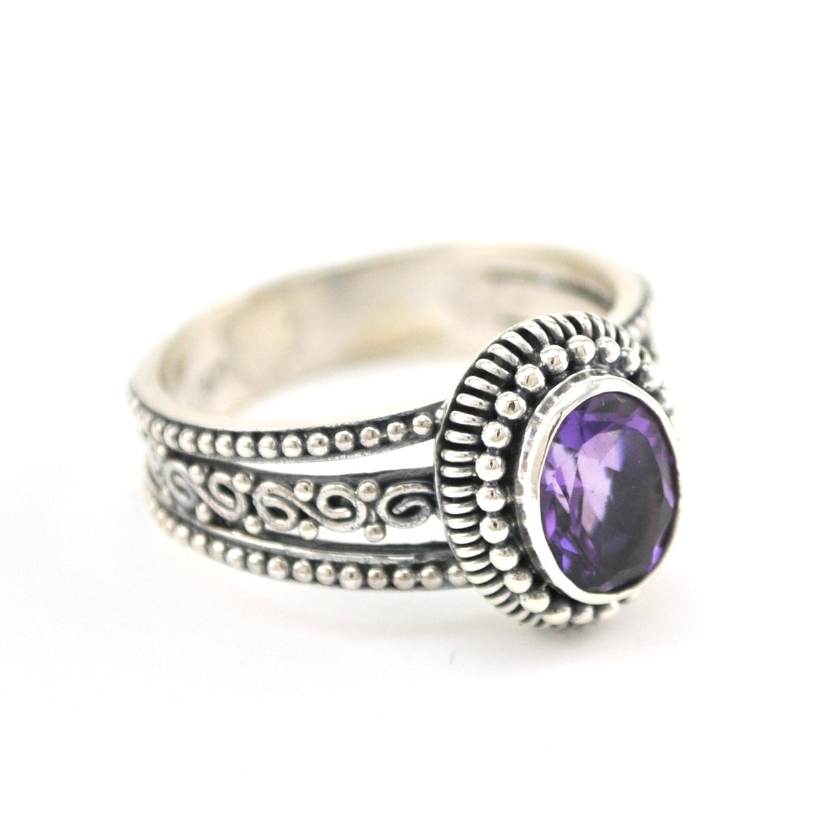 Side View Silver Amethyst 6x8mm Oval 3 Band Scroll Ring