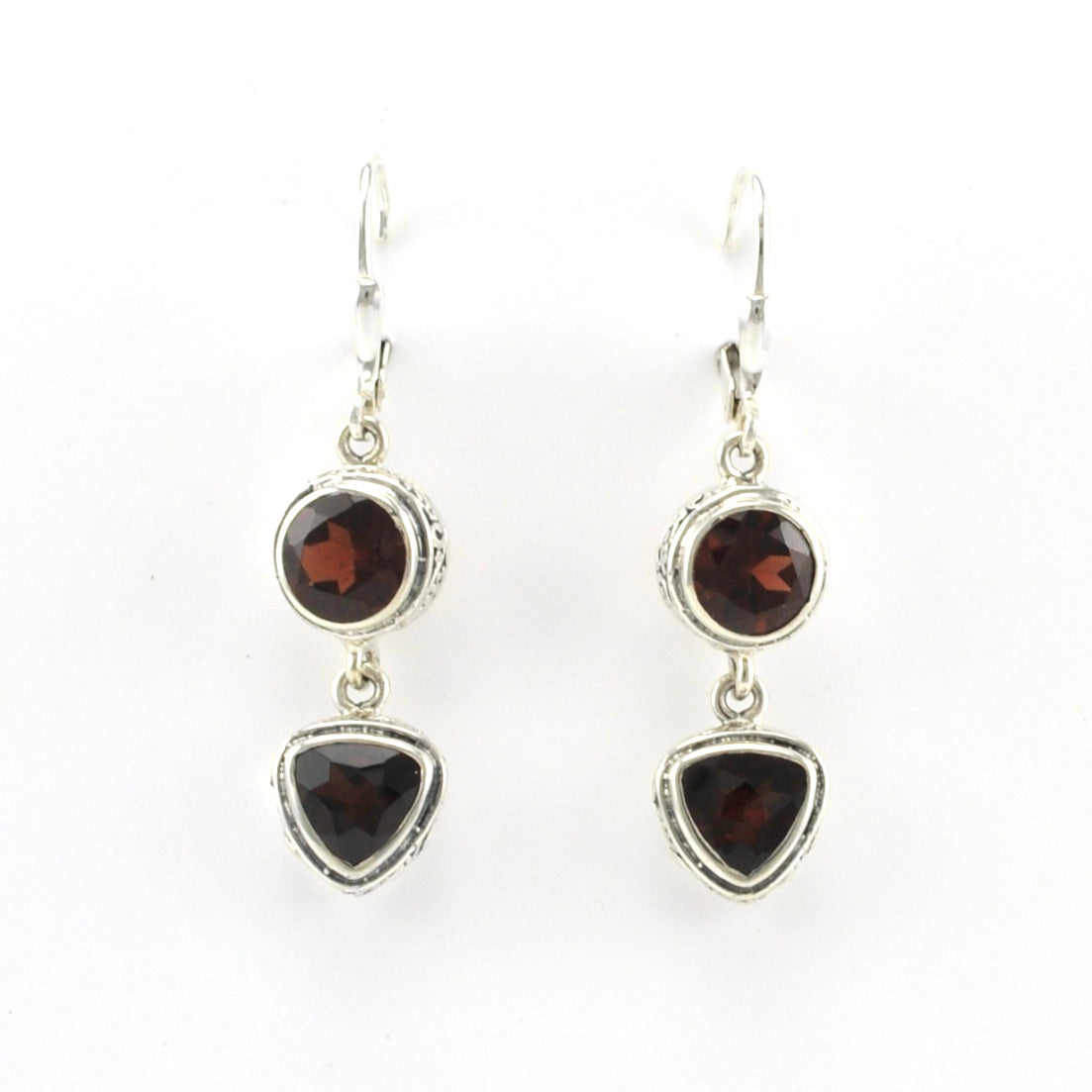 Alt View Sterling Silver Garnet Round Trillion Bali Dangle Earrings