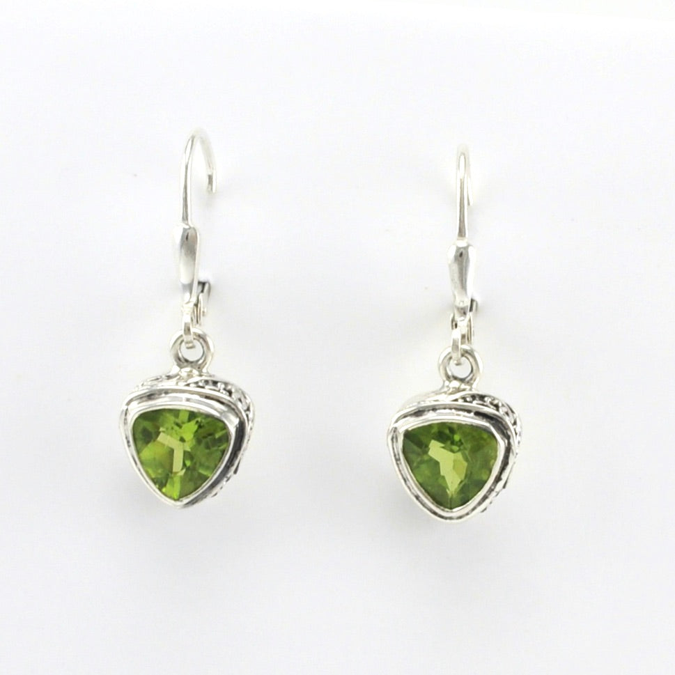 Alt View Sterling Silver Peridot 7mm Trillion Bali Dangle Earrings