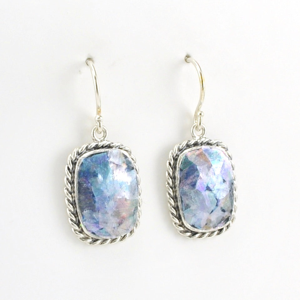 Alt View Sterling Silver Roman Glass Rectangle Dangle Earrings