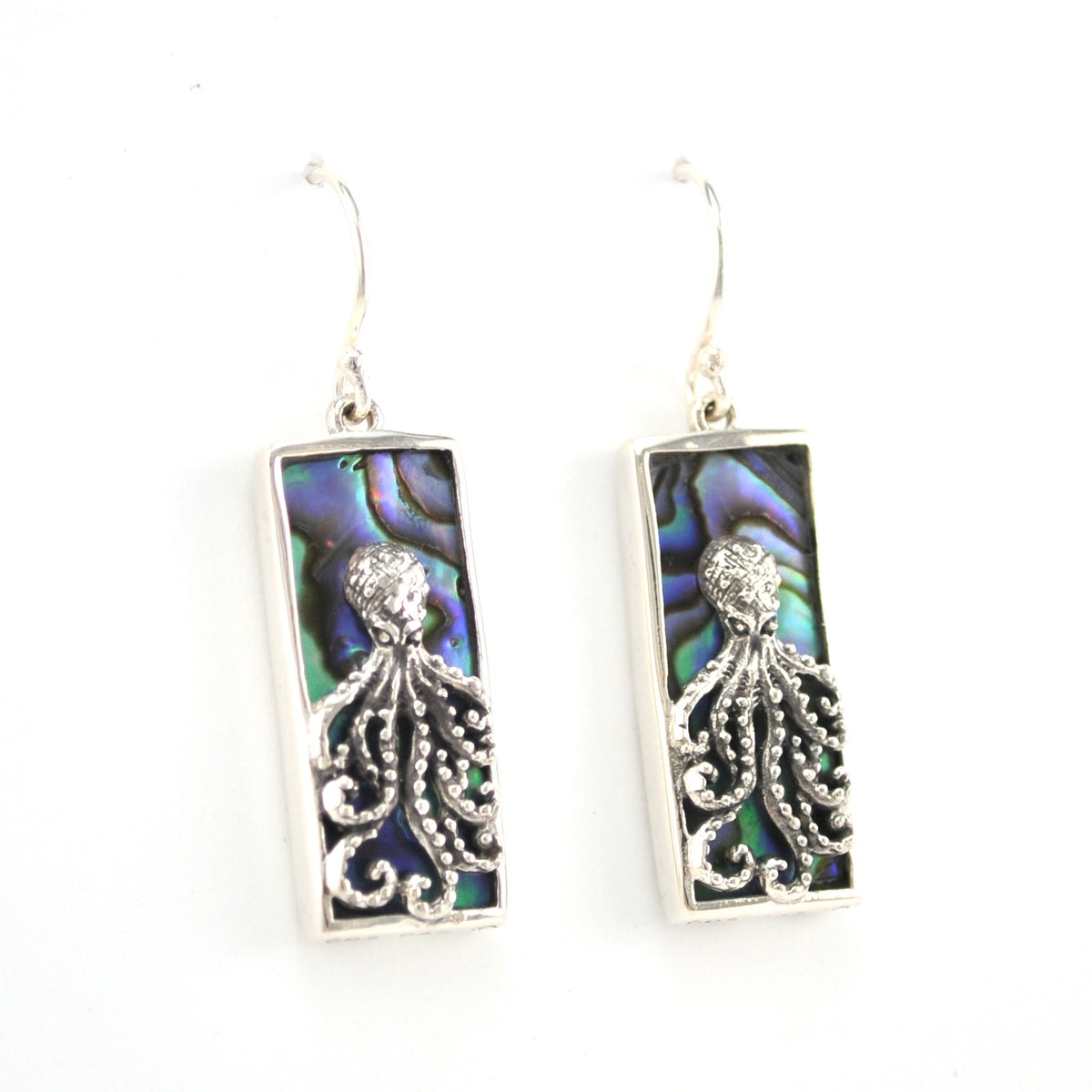 Alternate View Silver Abalone Octopus Rectangle Dangle Earrings
