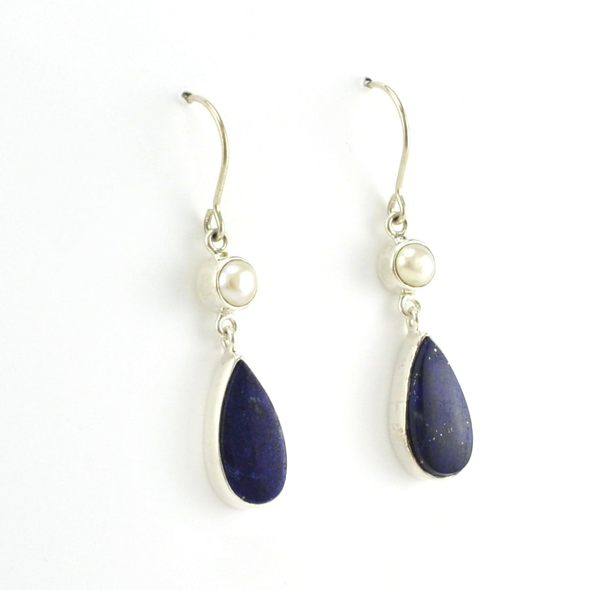 Side View Sterling Silver Pearl Lapis Dangle Earrings