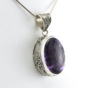 Side View Sterling Silver Amethyst 17x24mm Oval Bali Pendant