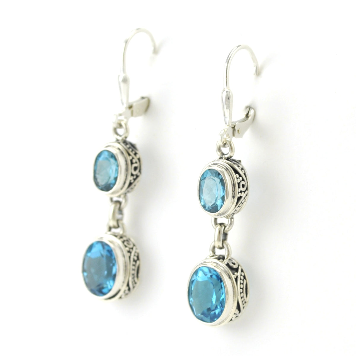 Side View Sterling Silver Blue Topaz 2 Oval Bali Dangle Earrings