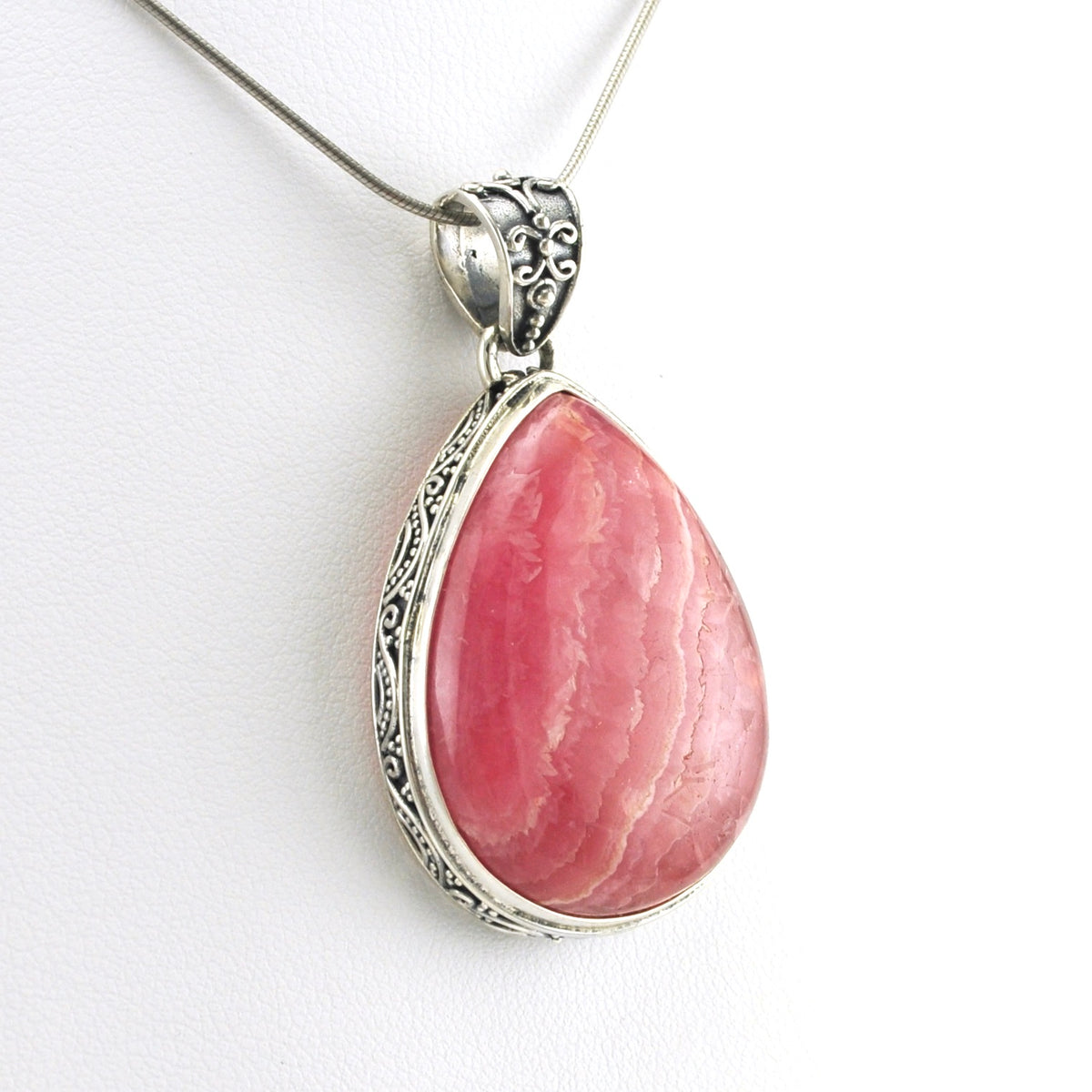 Side View Sterling Silver Rhodochrosite 24x32mm Tear Bali Pendant