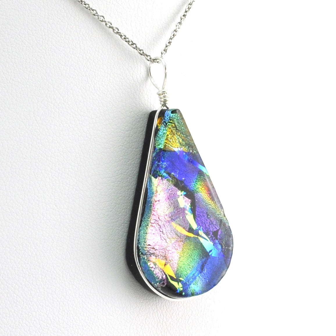 Side View Dichroic Glass Crazy Quilt Teardrop Pendant
