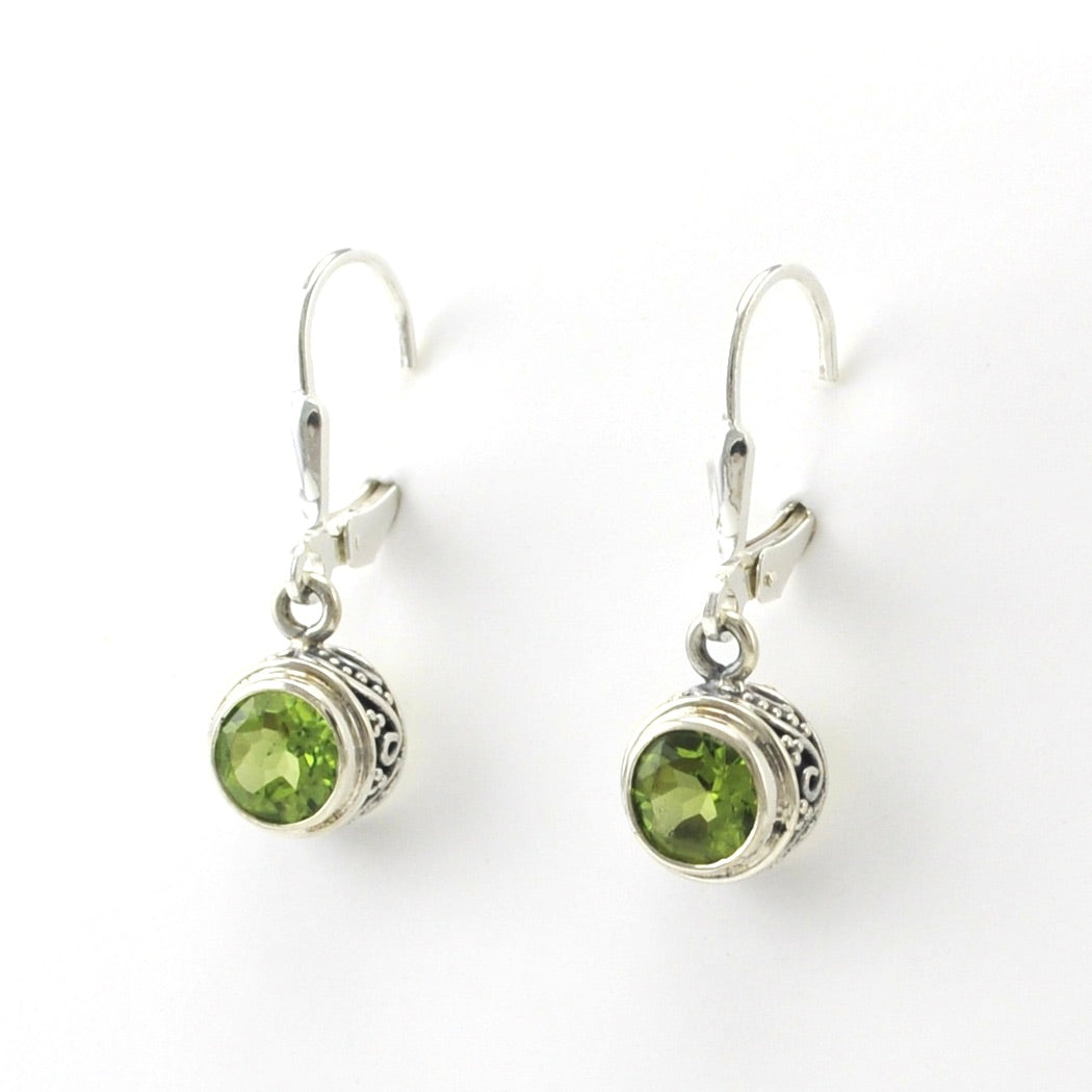 Sterling Silver Peridot 6mm Round Bali Dangle Earrings