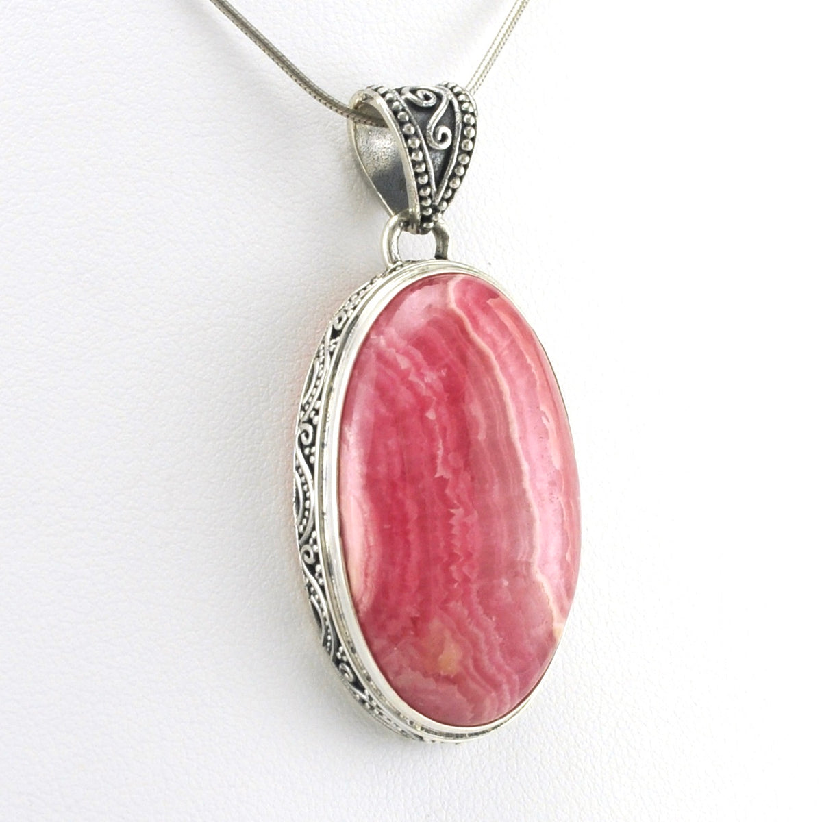 Side View Sterling Silver Rhodochrosite 18x32mm Oval Bali Pendant