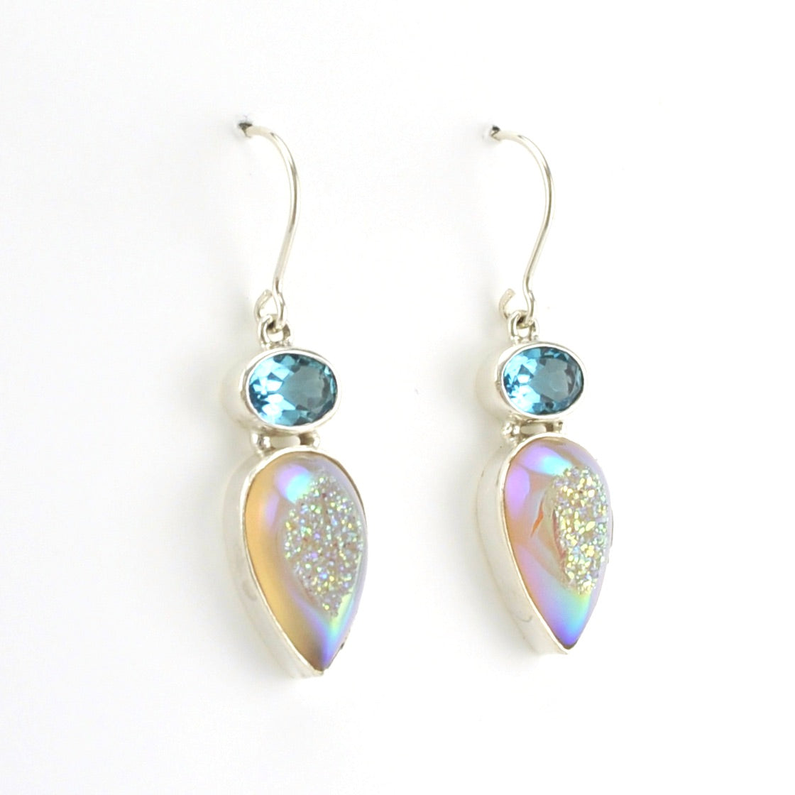 Side View Sterling Silver Blue Topaz Druzy Agate Earrings