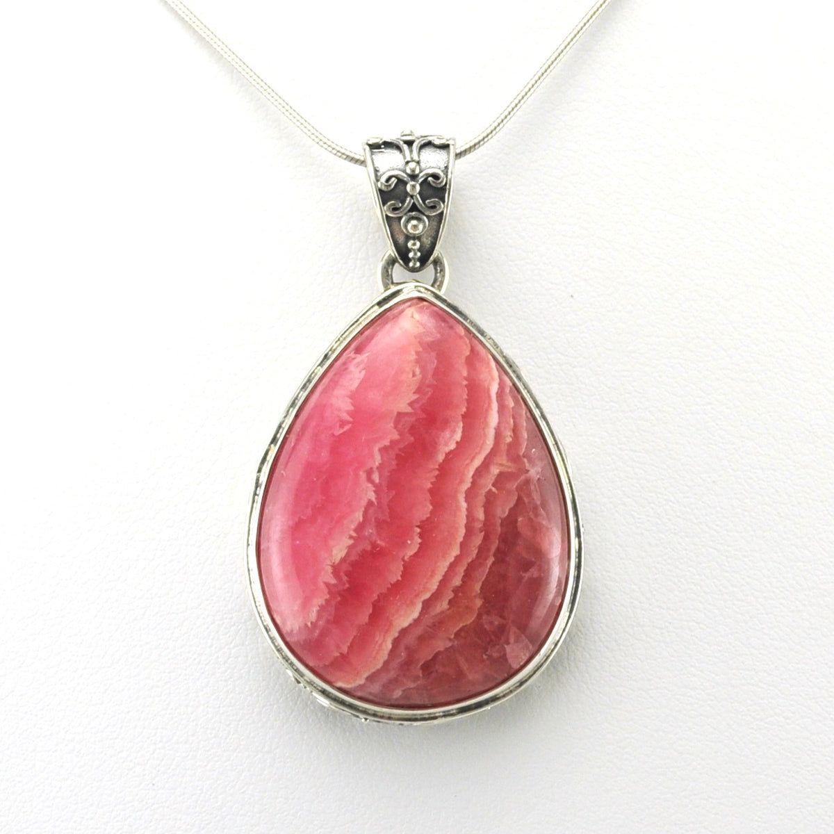 Alt View Sterling Silver Rhodochrosite 24x32mm Tear Bali Pendant