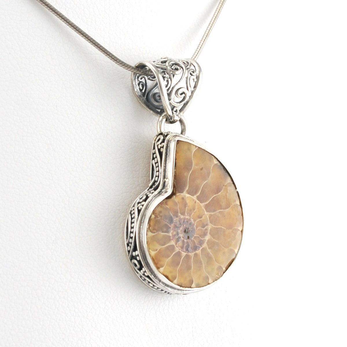 Side View Sterling Silver Ammonite Bali Pendant