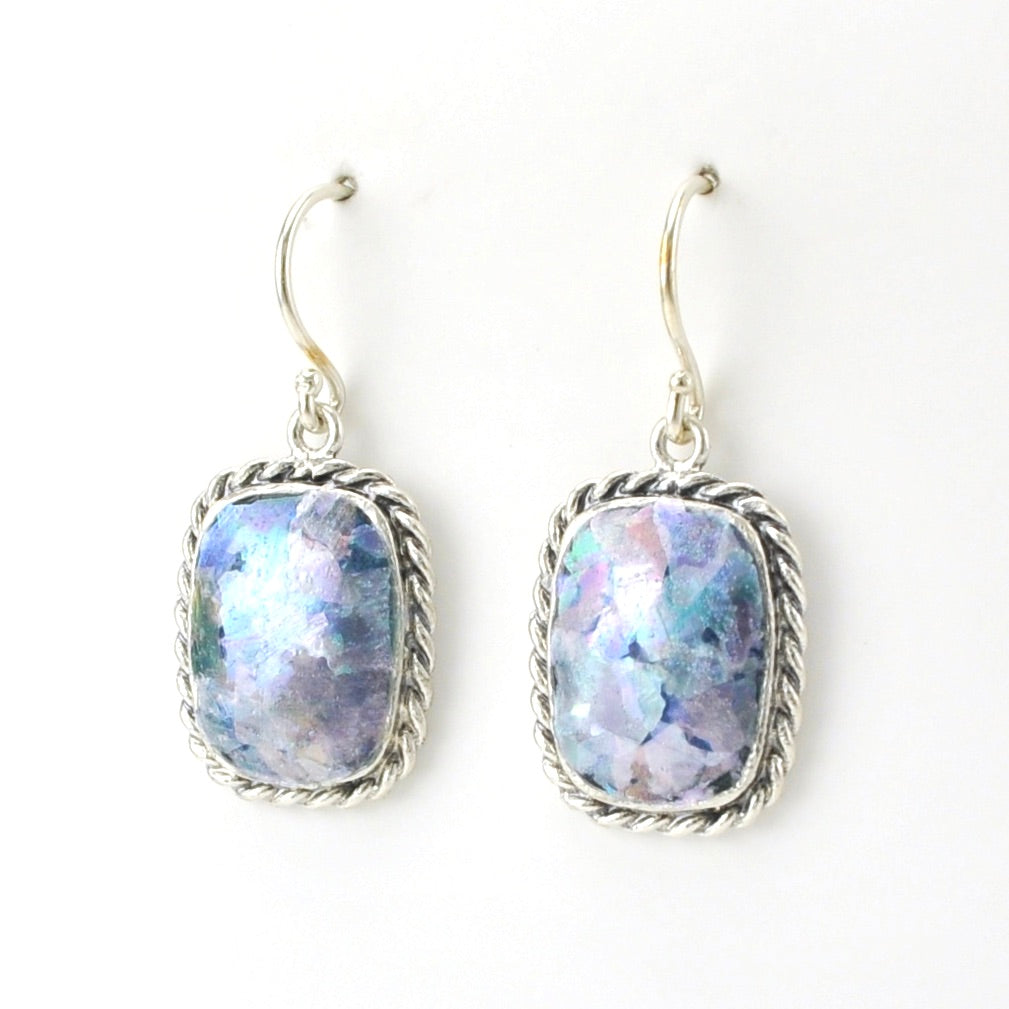 Side View Sterling Silver Roman Glass Rectangle Dangle Earrings