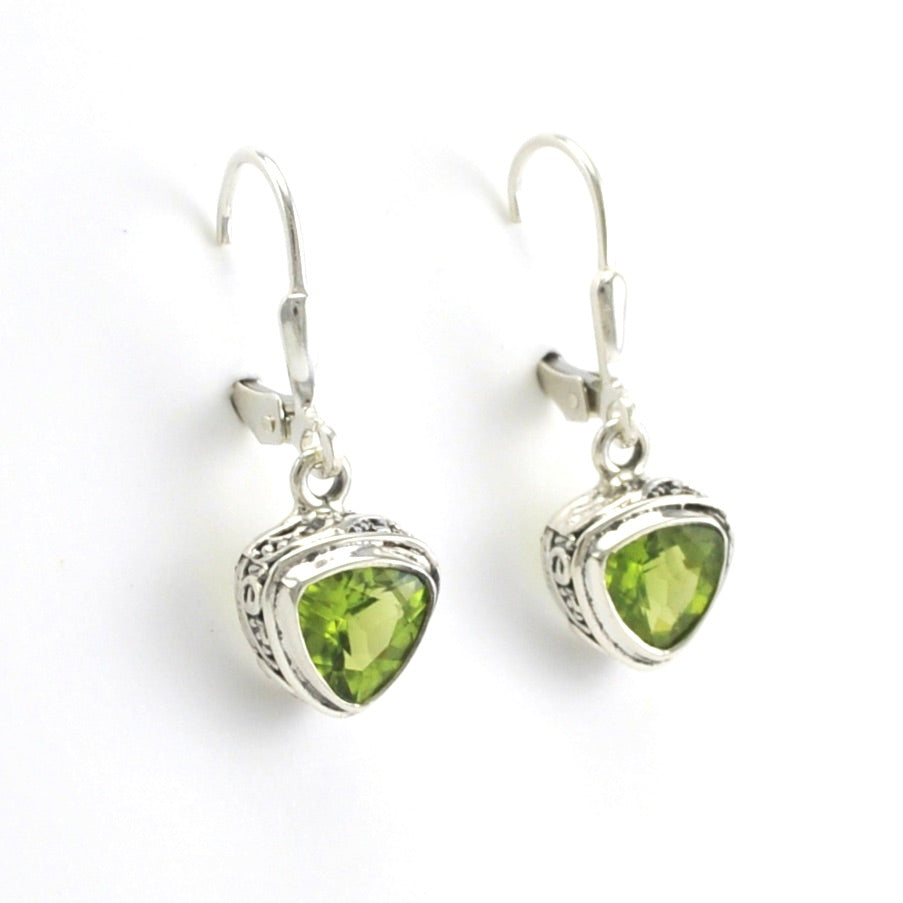 Side View Sterling Silver Peridot 7mm Trillion Bali Dangle Earrings