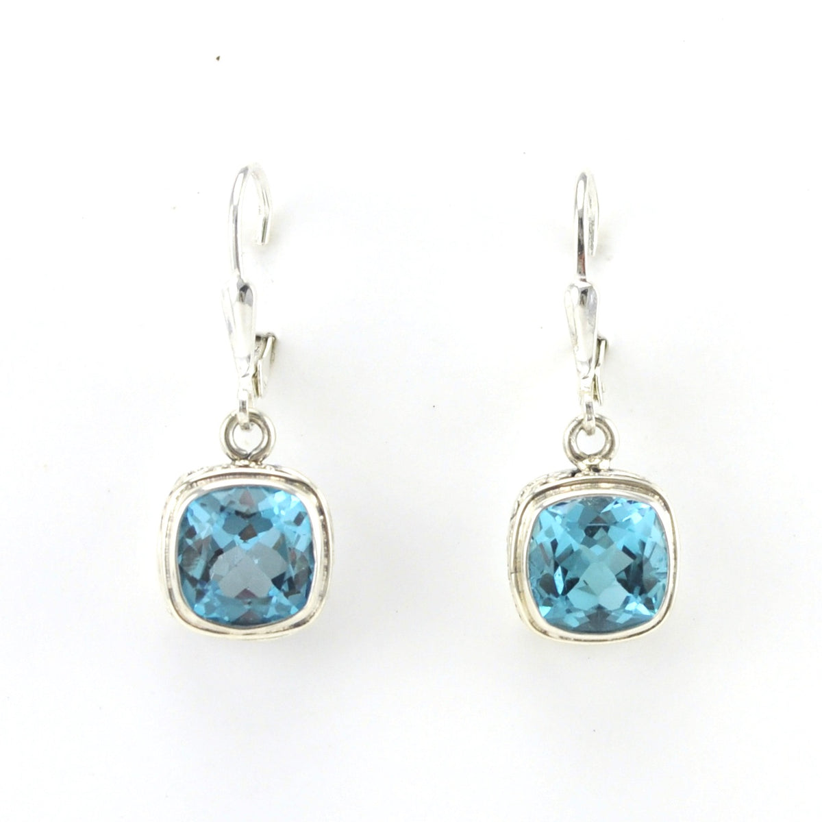 Alt View Sterling Silver Blue Topaz 8mm Square Bali Dangle Earrings