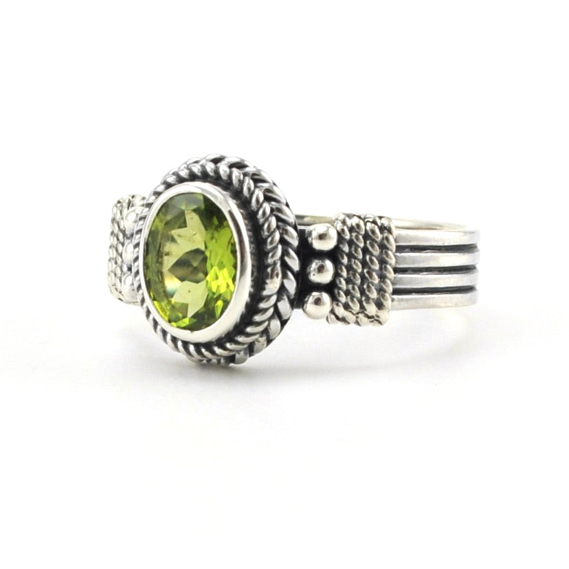 Sterling Silver Peridot 6x8mm Oval Bali Ring