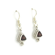 Side View Sterling Silver Garnet 7mm Trillion Dangle Earrings