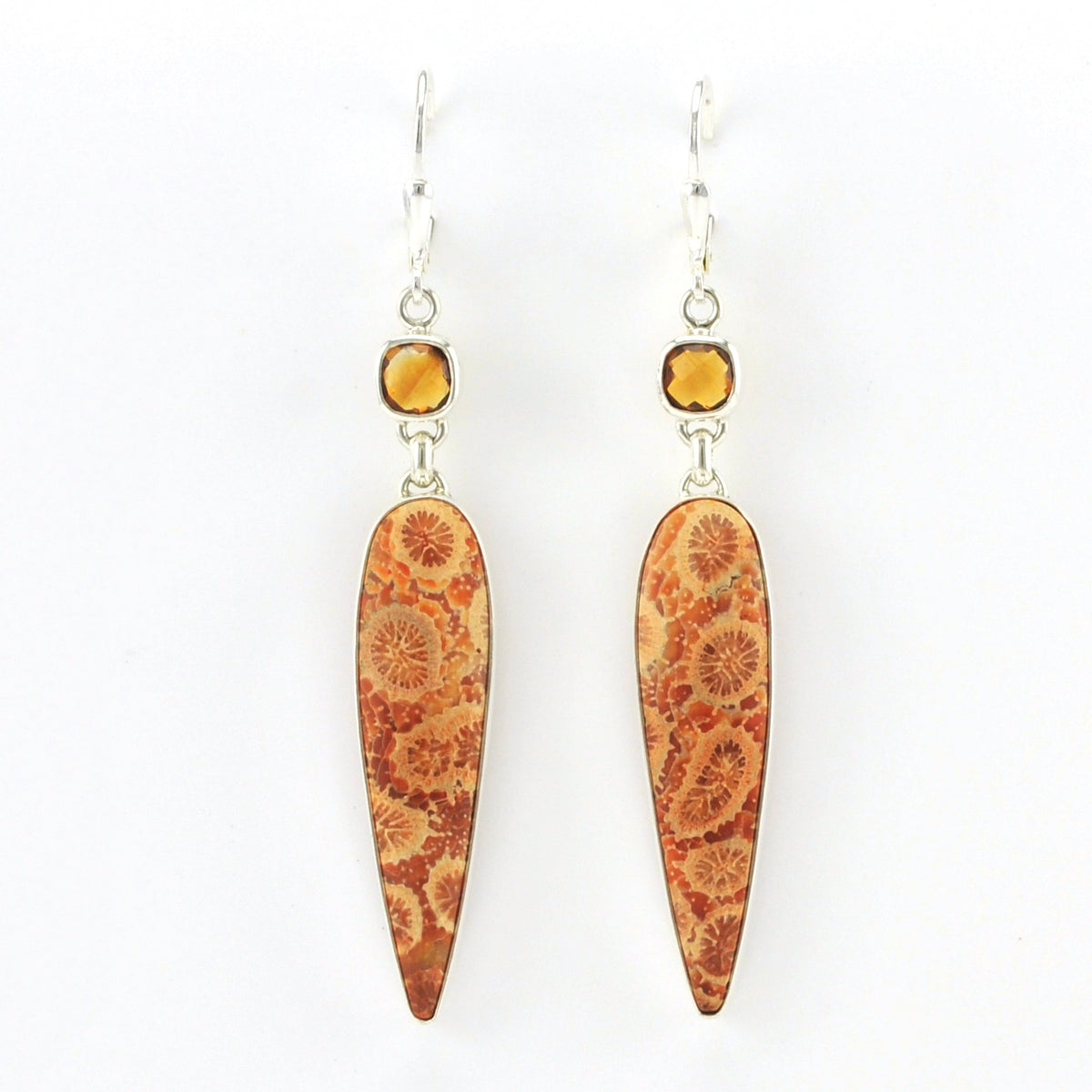 Alt View Sterling Silver Fossil Coral with Square Citrine Dangle Earrings