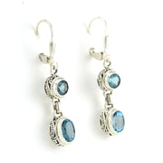 Side View Sterling Silver Blue Topaz Round Oval Bali Dangle Earrings