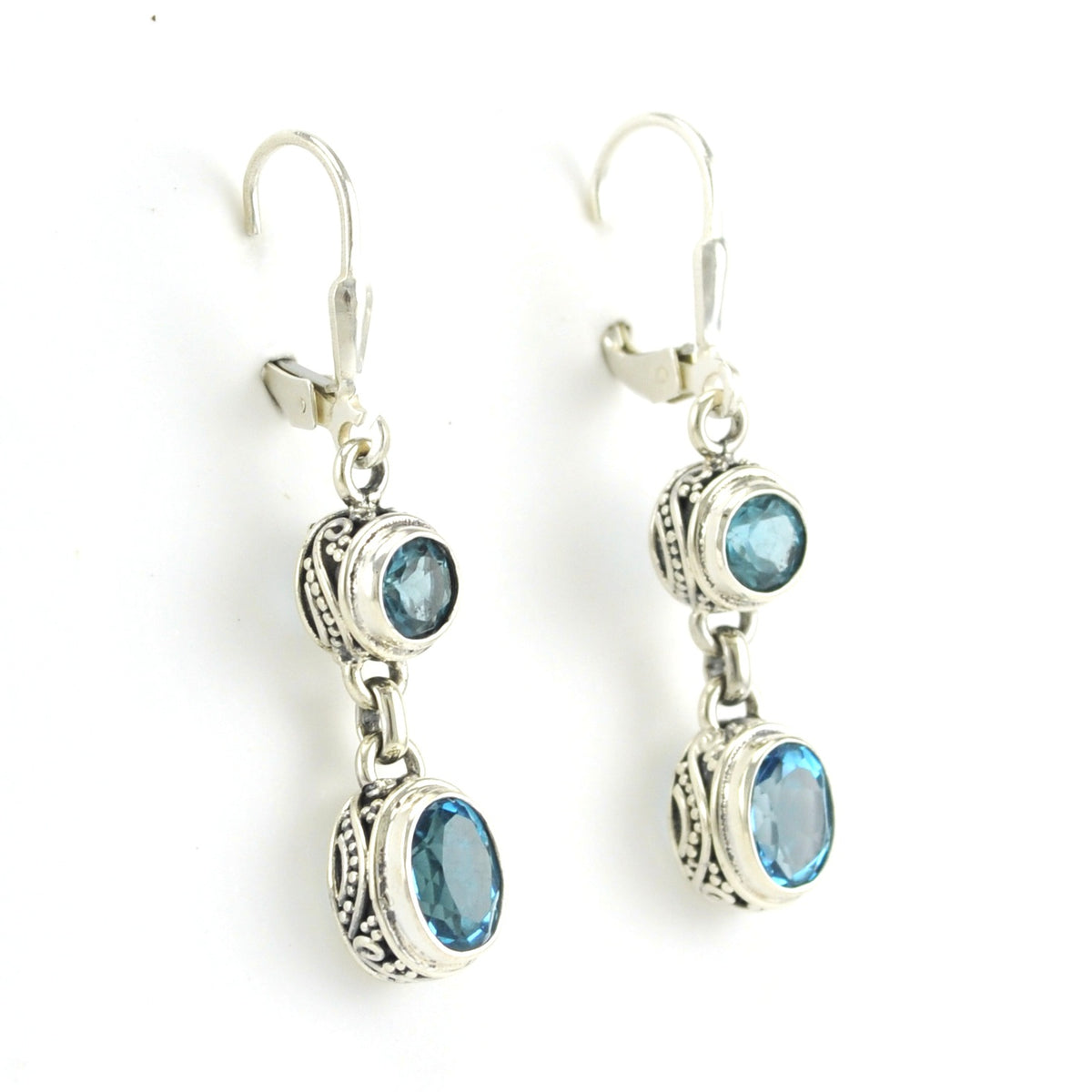 Side View Sterling Silver Blue Topaz Round Oval Bali Dangle Earrings