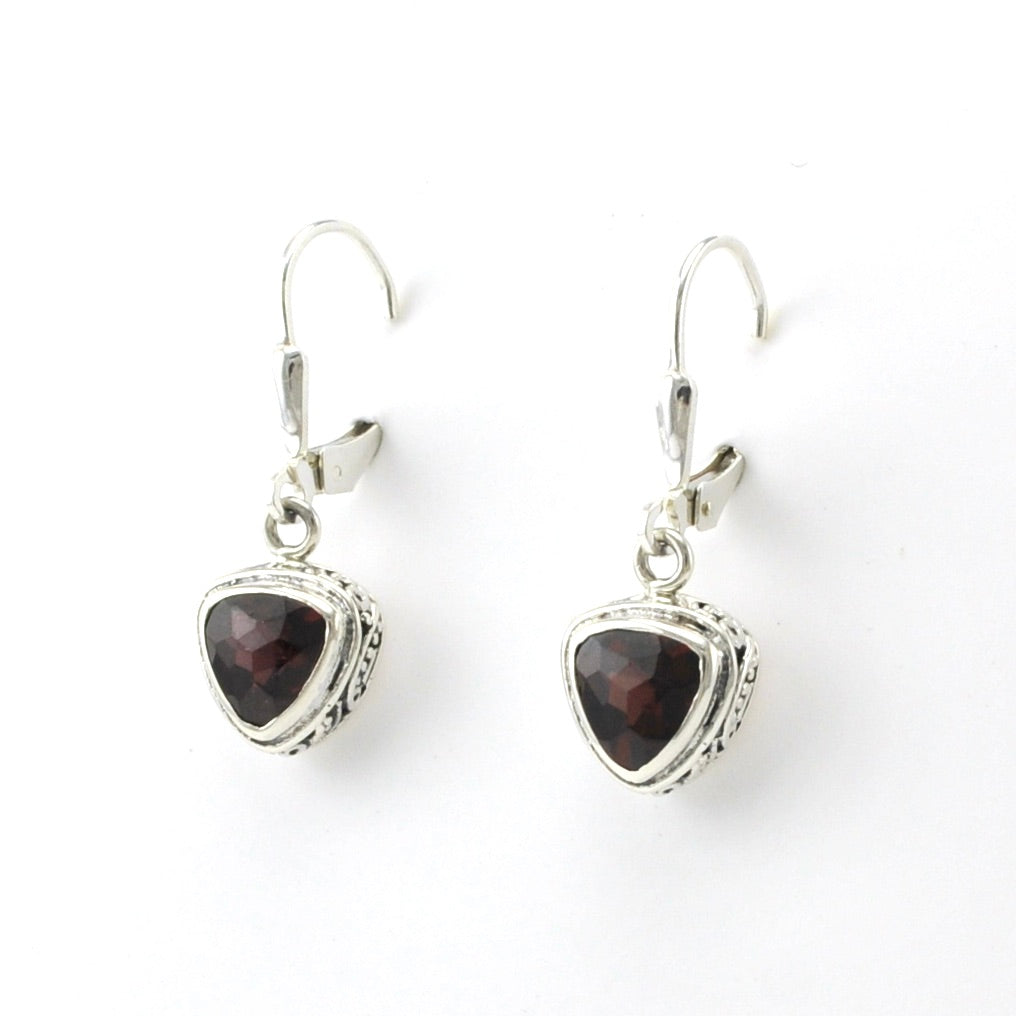 Sterling Silver Garnet 7mm Trillion Bali Dangle Earrings