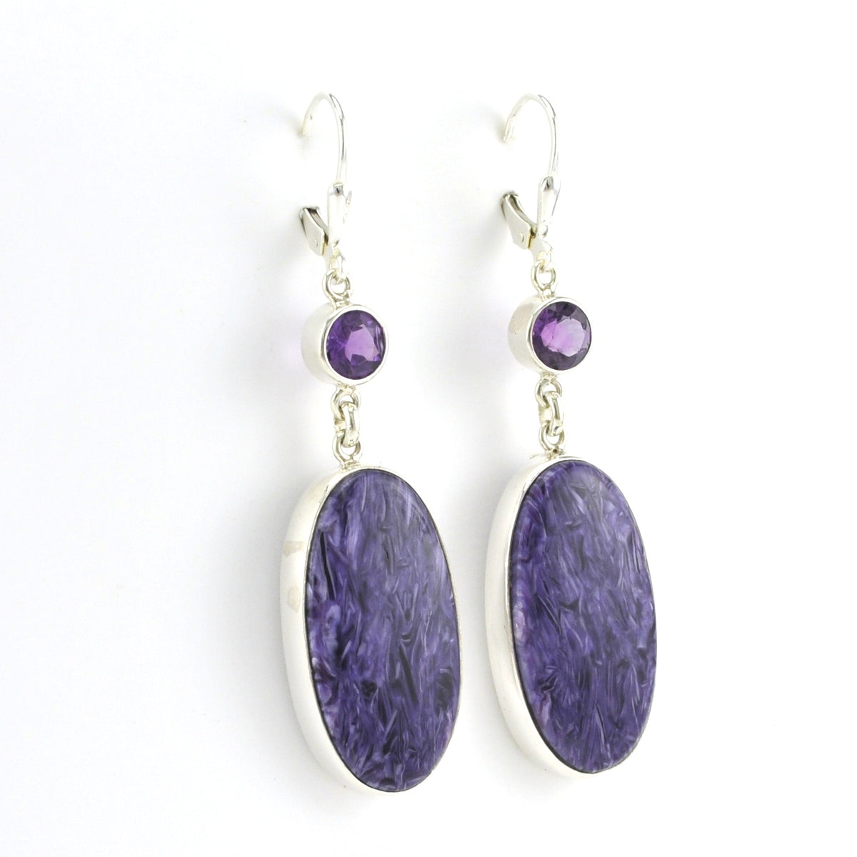 Side View Sterling Silver Charoite with Amethyst Dangle Earrings