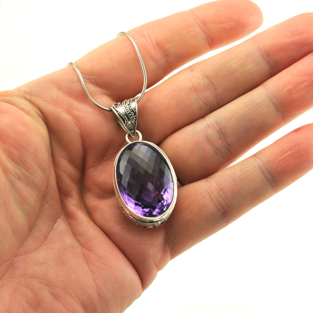 Alternate View Sterling Silver Amethyst 17x24mm Oval Bali Pendant