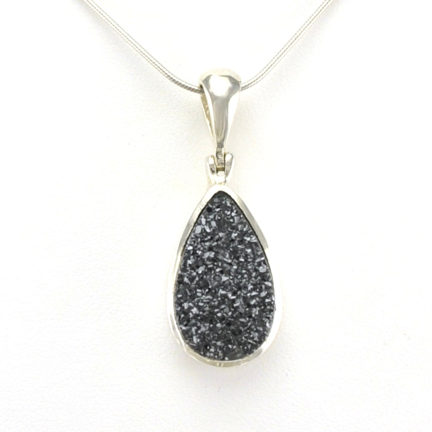 Alt View Sterling Silver Charcoal Druzy Agate Tear Pendant