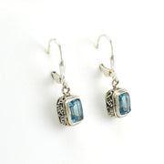 Side View Sterling Silver Blue Topaz 5x7mm Rect Bali Dangle Earrings