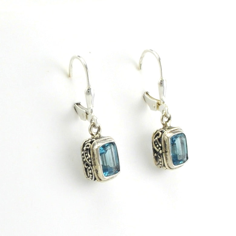 Side View Sterling Silver Blue Topaz 5x7mm Rect Bali Dangle Earrings