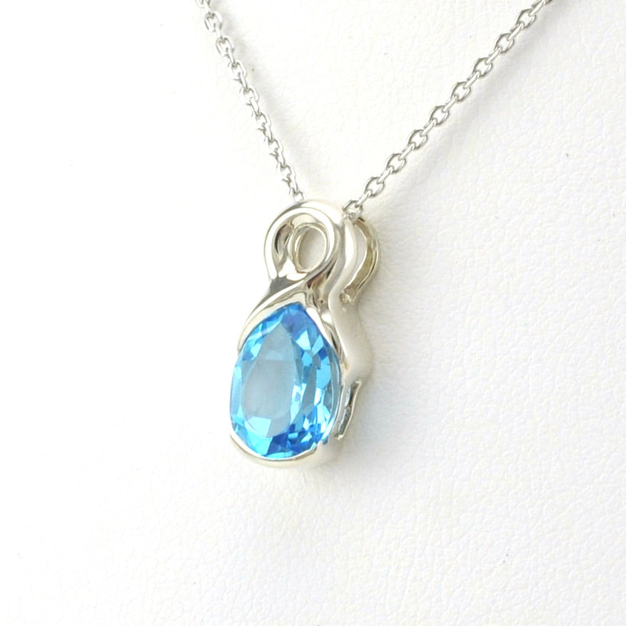 Side View Sterling Silver Blue Topaz 7x9mm Tear Twist Necklace