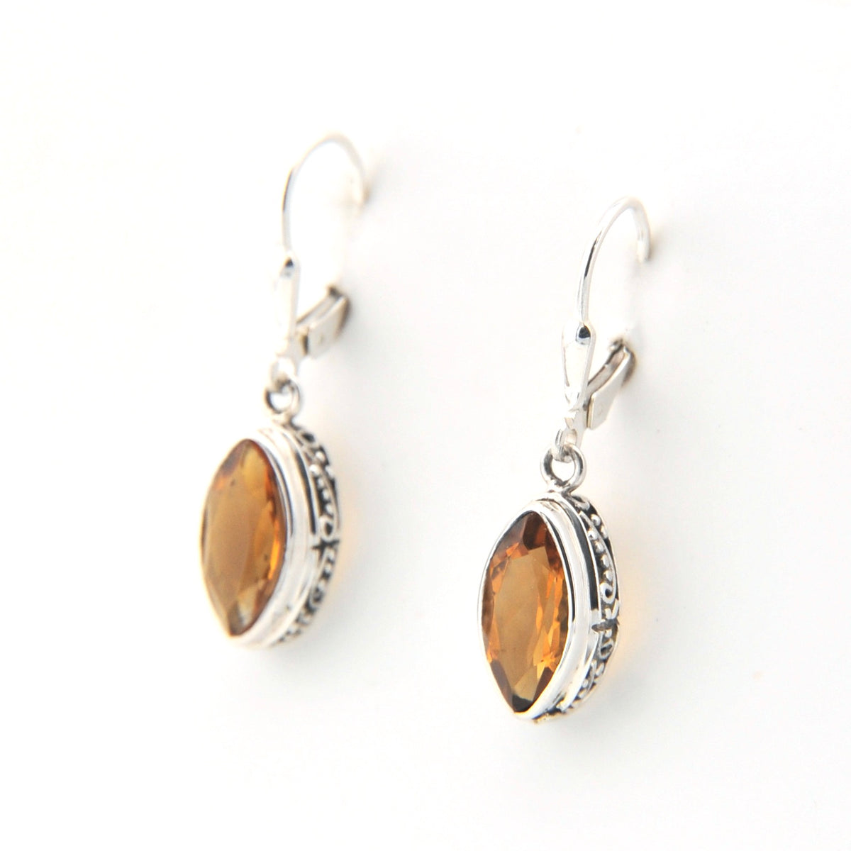 Sterling Silver Citrine 6x12mm Marquise Bali Dangle Earrings