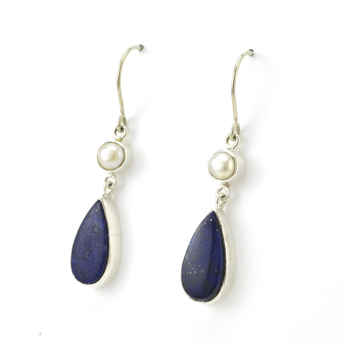 Side View Sterling Silver Pearl Lapis Dangle Earrings