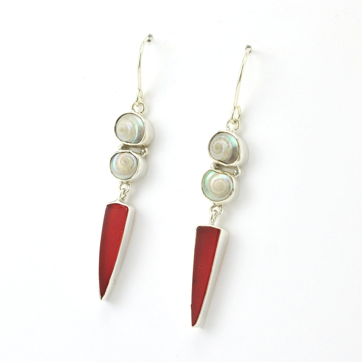 Side View Sterling Silver Malabar Shell Red Sea Glass Earrings