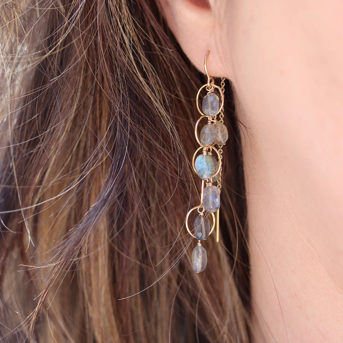 Model View14k Gold Fill Labradorite Clusters Threader Earrings