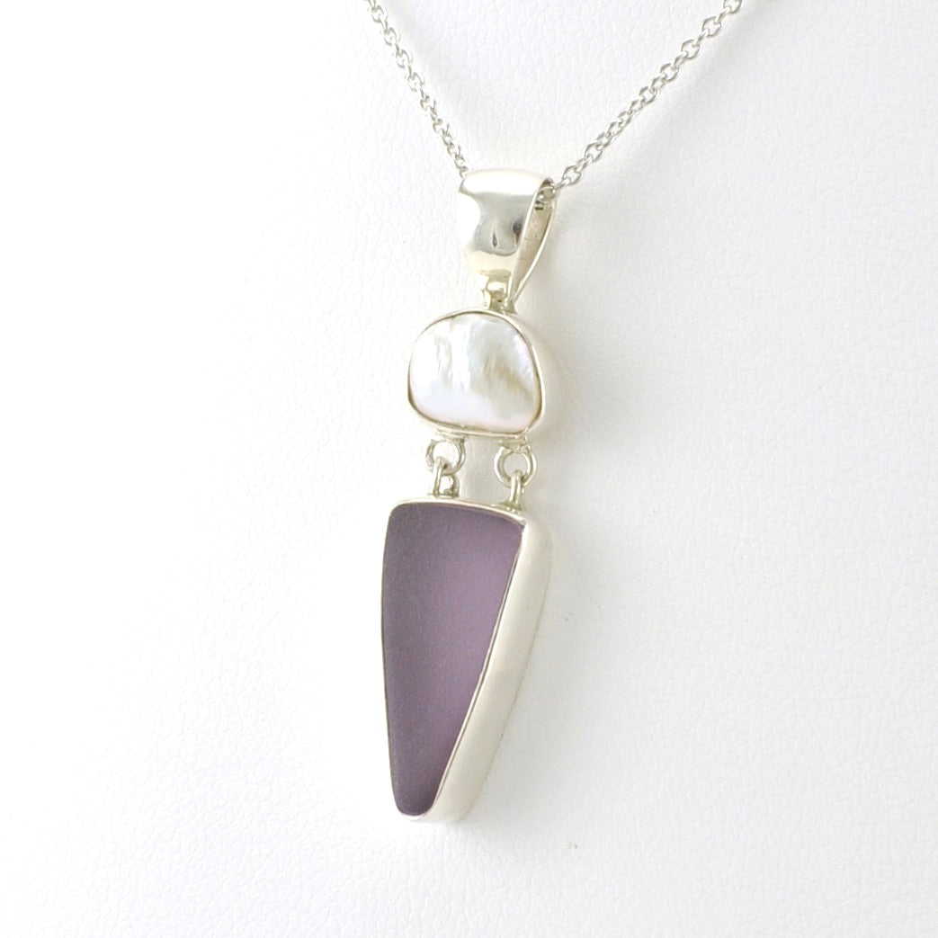 Side View Sterling Silver Pearl Lilac Sea Glass Necklace