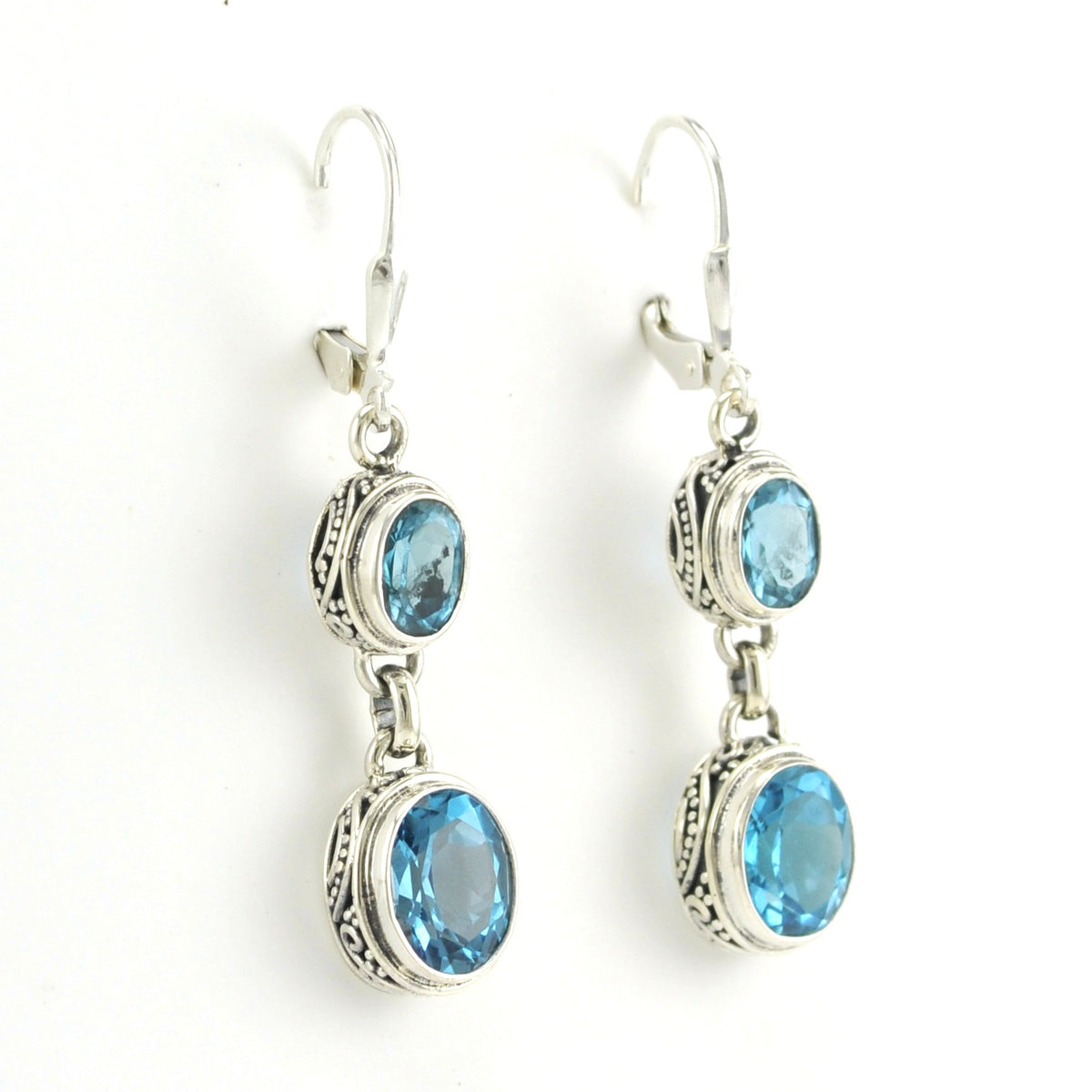 Side View Sterling Silver Blue Topaz 2 Oval Bali Dangle Earrings
