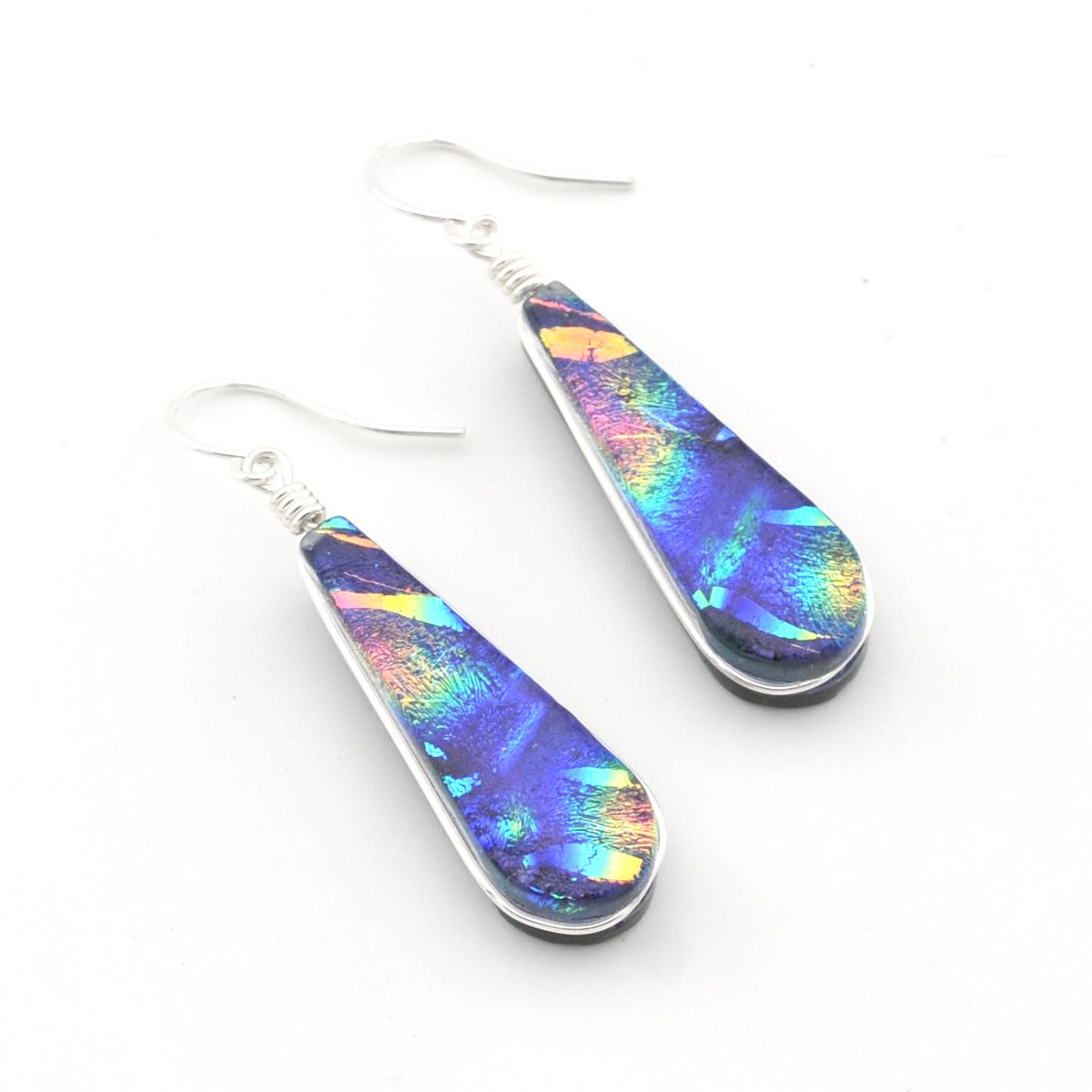 Sterling Silver Dichroic Glass Rainbow Purple Tear Earrings