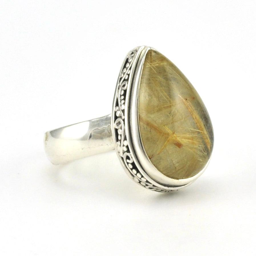 Side View Sterling Silver Rutilated Quartz 12x18mm Tear Bali Ring
