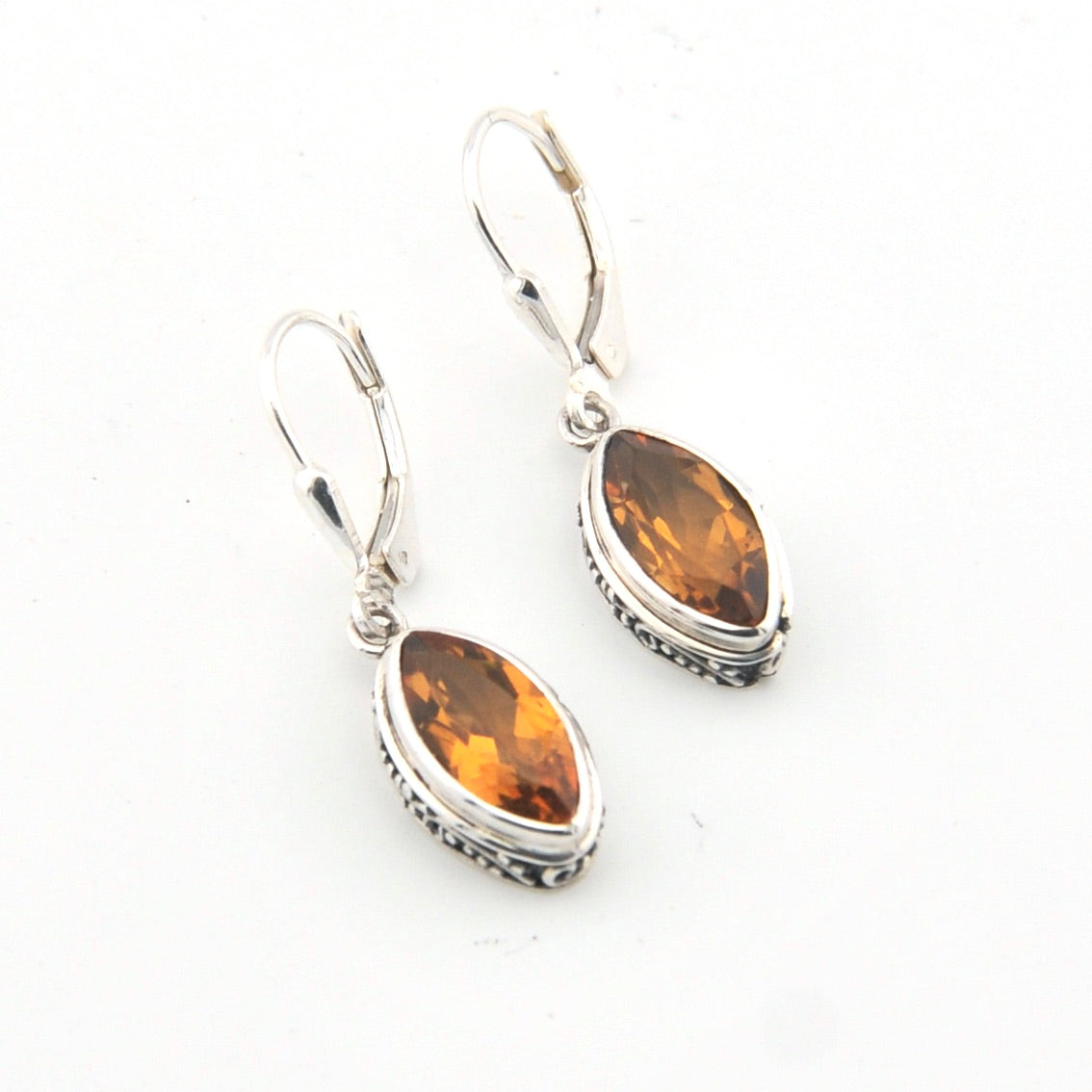 Sterling Silver Citrine 6x12mm Marquise Bali Dangle Earrings