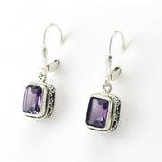 Sterling Silver Amethyst 6x8mm Rectangle Bali Dangle Earrings