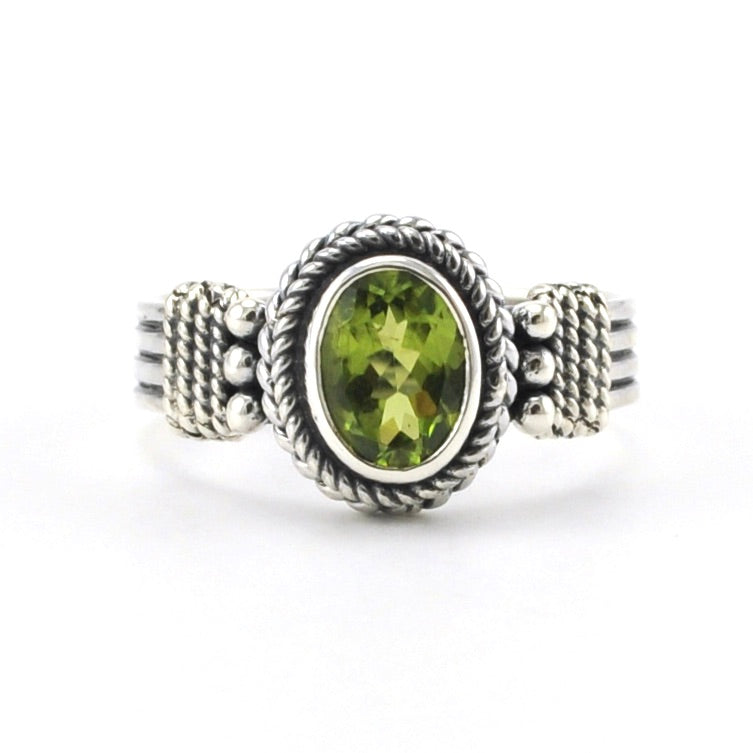 Alt View Sterling Silver Peridot 6x8mm Oval Bali Ring