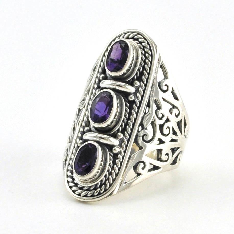 Sterling Silver Amethyst 3 Stone Bali Ring