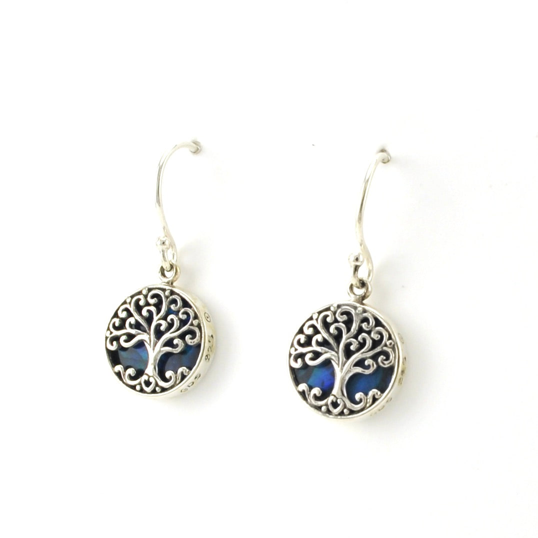 Side View Sterling Silver Blue Abalone Tree of Life Small Dangle Earrings
