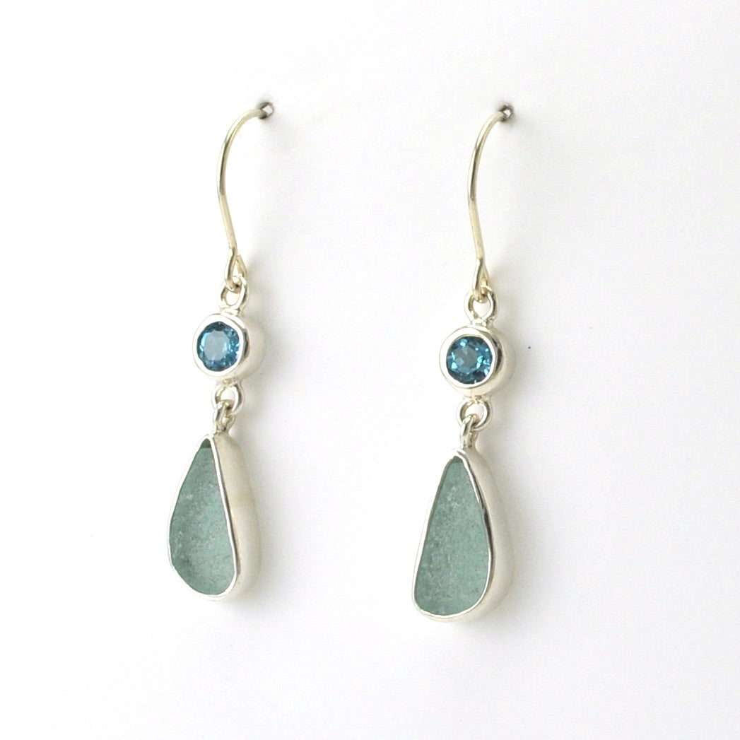 Side View Sterling Silver Blue Topaz Aqua Sea Glass Earrings