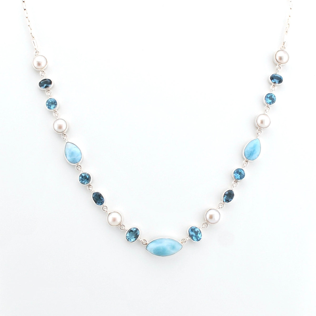 Sterling Silver Larimar Topaz and Pearl Necklace